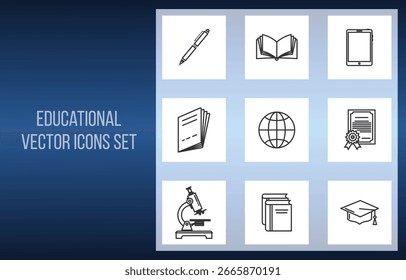 A clean and modern set of black line art vector icons representing various educational concepts on a white background.
