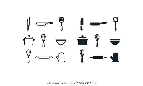 A clean and modern set of black and white kitchen utensil icons including knives, spatulas, pots, bowls, whisks, rolling pins, and oven mitts. Perfect for food, cooking, or lifestyle projects.