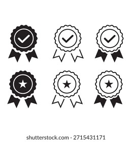 Un conjunto limpio y moderno de iconos de insignia de certificación con marcas de verificación. Incluye estilos sólidos, esquemáticos e híbridos, perfectos para la garantía de calidad, contenido aprobado, premios y productos verificados. Ideal para Sitios web, App y materiales de marketing.