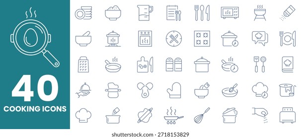 A clean and modern set of cooking icons in minimalist line style with editable strokes, perfect for food apps, recipe blogs, kitchenware packaging, and culinary projects