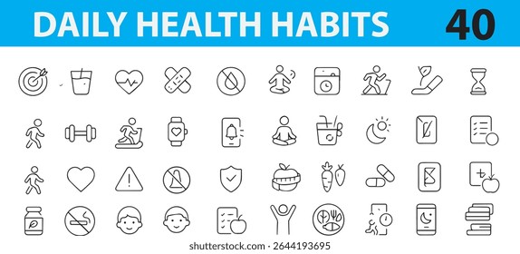 A clean and modern set of Daily Health Habit Line Icons – Water, Sleep, Workout, Meal, Steps, Meditation, Hygiene, Vitamins,  stretching, hand washing, dental hygiene, skin care, heart rate