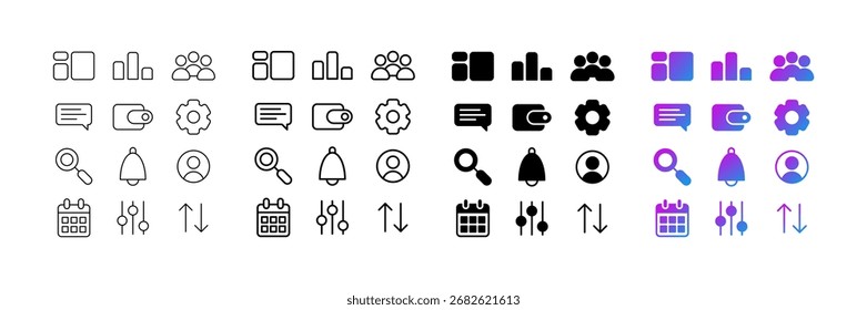 Un conjunto limpio y moderno de iconos de menú del tablero de instrumentos diseñados para aplicaciones de Web y móviles. Símbolos de interfaz de usuario: inicio, Configuraciones, notificaciones, mensajes, usuarios, lupa, calendario, filtrar, ordenar.