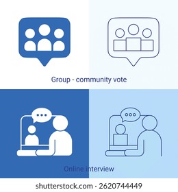 A clean, modern set of editable vector icons in filled or solid and outline stroke styles. Features icons for community group voting and online interviews, ideal for apps, websites