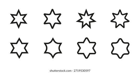 Un conjunto limpio y moderno de ocho iconos de estrellas de 6 puntas de contorno negro. Ideal para Diseño web minimalista, interfaces de aplicaciones móviles, bordes decorativos y patrones geométricos simples temáticos de la naturaleza.