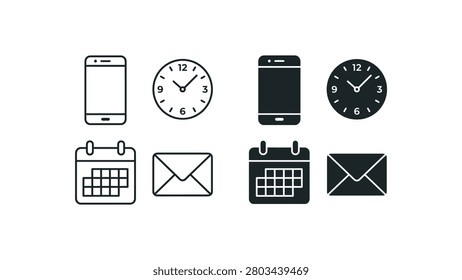 A clean and modern set of flat icons featuring a smartphone, analog clock, calendar, and envelope for email. Perfect for app design, website interfaces, and digital presentations with a sleek black and white style.