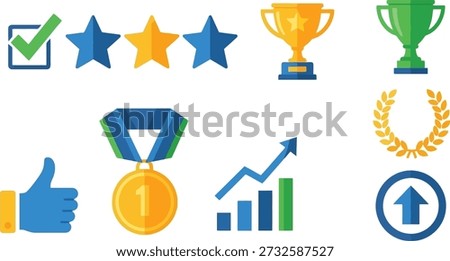 A clean and modern set of flat icons symbolizing awards, recognition, and positive outcomes, perfect for rating systems, performance metrics, and celebrations.