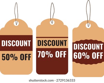 Un conjunto limpio y moderno de etiquetas de Precio de descuento colgantes con 50%, 60% y 70% de descuento en tonos cálidos beige y marrón. Ideal para tiendas minoristas, plataformas de comercio electrónico, etiquetado de productos, Anuncios promocionales y campañas de marketing para destacar descuentos especiales y atraer Clientes.