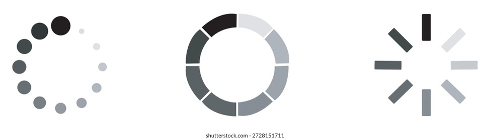 A clean and modern set of loading icons displayed in a row, featuring load indicators and progress bar icons. Isolated on a white background, this icon set is ideal for design, mobile apps, websites, software interfaces, system notifications, and digital loading animations or placeholders.