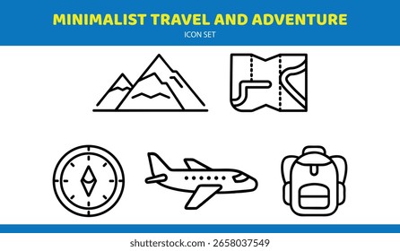 Un conjunto limpio y moderno de iconos de línea minimalistas que representan viajes y aventuras al aire libre. Esta colección incluye picos montañosos, un mapa doblado con una ruta, una brújula, un avión y una mochila. 