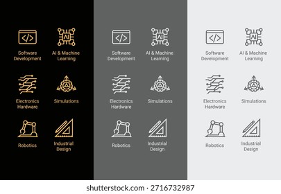 Ein sauberes, modernes Set von minimalistischen Linien-Icons, die Kerntechnologie- und Ingenieurbereiche darstellen. 
Enthält Symbole für Softwareentwicklung, KI und maschinelles Lernen, Elektronik-Hardware, Robotik, Simulationen und industrielles Design. Perfekt für Websites, SaaS-Armaturenbretter, Pitch Decks, Ingenieurbüros, 
UIUX-Projekte und technische Präsentationen. In drei Farbthemen für maximale Vielseitigkeit dunkel
Mittelton und Licht.