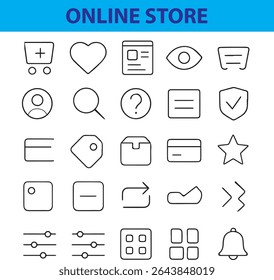 A clean, modern set of online store and e-commerce line icons. Includes shopping cart, delivery truck, credit card, mobile shopping, wishlist, discount tag, product search, and more. Ideal for website