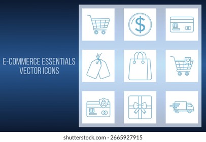 Um conjunto limpo e moderno de ícones vetoriais que representam elementos essenciais de compras on-line e e-commerce, incluindo um carrinho de compras, cartões de crédito, caminhão de entrega e caixa de presente.