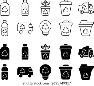 A clean and modern set of recycle-themed icons featuring bottles, bins, trucks, and eco elements—perfect for sustainability, waste management, and green living projects.