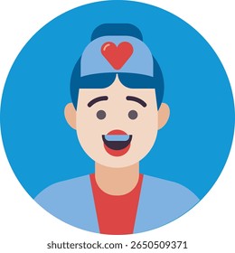 A clean, modern, and simple graphic representing a medical professional, likely a nurse, with essential tools and symbols associated with healthcare and patient care.