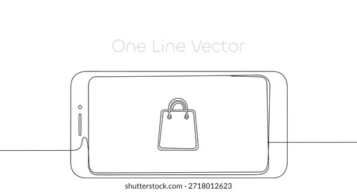 Una ilustración de arte de una sola línea limpia y moderna que representa una pantalla de teléfono móvil que muestra un símbolo de bolsa de compras al por menor que representa la tienda en línea y el negocio digital. Ilustración vectorial