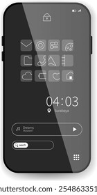 A clean and modern smartphone home screen design featuring monochrome app icons, a music player with playback information, and a search bar