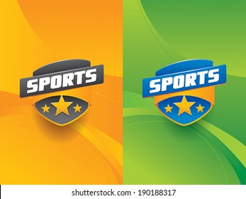 Clean and modern sports vector emblems with stripes and stars,  against a dynamic background with curved lines.