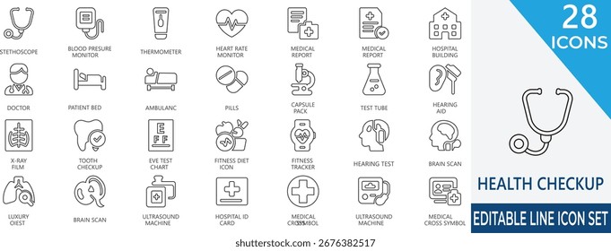 Clean and modern stroke icons representing essential health checkup tools and services. Perfect for hospitals, medical apps, wellness platforms, and healthcare branding.
