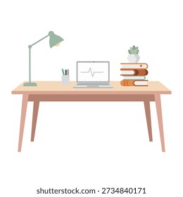 Clean modern study desk with laptop lamp books and potted plant flat illustration.