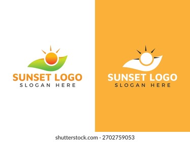 Um design limpo e moderno do logotipo do pôr do sol. Perfeito para empresas e projetos criativos, este logotipo apresenta um sol estilizado e paisagem, transmitindo calor e criatividade.