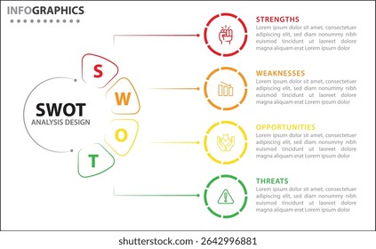 Clean and modern SWOT analysis infographic template. Editable design for presentations, business reports, or strategy plans. Highlights Strengths, Weaknesses, Opportunities, and Threats clearly.