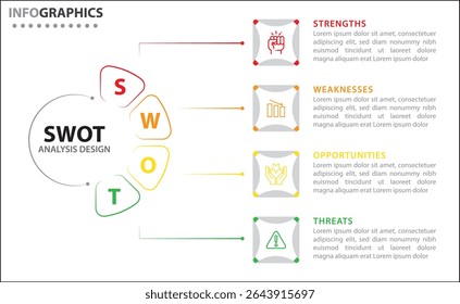 Clean and modern SWOT analysis infographic template. Editable design for presentations, business reports, or strategy plans. Highlights Strengths, Weaknesses, Opportunities, and Threats clearly.