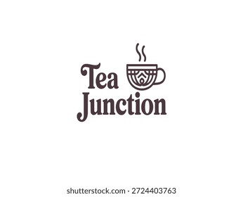 Um logotipo limpo e moderno da Tea Junction apresentando um ícone estilizado da xícara de chá com tipografia elegante em um fundo branco.