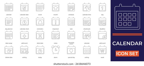 A clean and modern thin line icon set representing calendar functions and event scheduling. Includes icons for reminders, deadlines,  special day, daily plans, and recurring events.