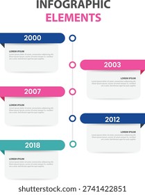 Clean and modern timeline infographic elements template featuring colorful milestone markers, year labels, and text blocks. Ideal for business presentations, project roadmaps, company history, reports, and data visualization designs. Fully editable vector style layout for professional use.