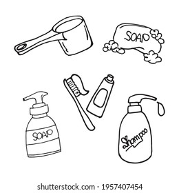 Clean and modern toiletries set illustration featuring soap, soap bottle, shampoo, and toothbrush. Ideal for creating polished and hygienic visuals for various design applications.