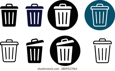 Clean and modern trash bin icon collection featuring multiple waste disposal container variations in outline and solid styles. This professional vector set represents garbage collection, recycling systems, sanitation services, environmental protection, and public cleanliness concepts. Suitable for websites, mobile applications, user interfaces, infographics, educational materials, municipal projects, sustainability campaigns, and commercial design resources. The scalable vector format ensures high-quality performance across digital and print applications while maintaining a consistent and recognizable visual style.

#WasteDisposal
#TrashBin
#GarbageCollection
#Recycling
#Sanitation
#EnvironmentalProtection
#Sustainability
#CleanupServices
#VectorIcons
#OutlineDesign
#SolidIcons
#EcoFriendly
#PublicServices
#GraphicResources
#CommercialUse