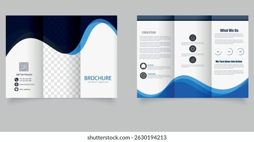 Clean and modern trifold brochure template featuring a blue wave design, placeholders for images, and minimal layout. Ideal for business, marketing, and corporate branding purposes