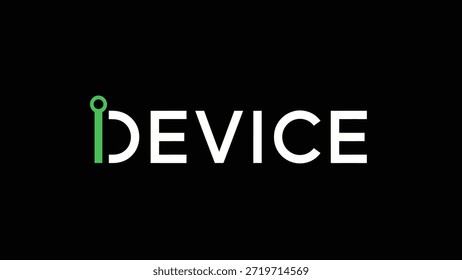 A clean and modern typographic logo design features the word DEVICE in white sans-serif font against a stark black background. The letter 'i' is