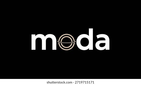 A clean and modern typographic logo featuring the word 'moda' in white against a stark black background. The 'o' is replaced by a stylized graphic