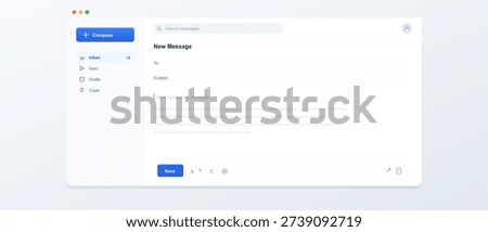 A clean and modern user interface design for an email application featuring a compose message window with fields for recipient, subject, and body text on a white background.