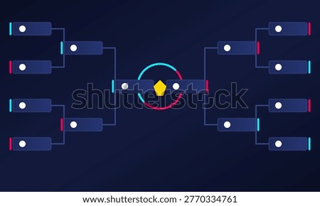 A clean modern user interface design showing a championship tournament bracket with dark blue background neon highlights and connected paths for soccer playoff matches and finals.