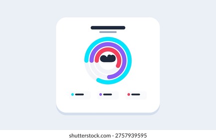 A clean, modern user interface element featuring a central circular chart with three concentric progress rings in cyan, purple, and red. The center of the circle contains a stylized cloud icon. Below the chart, there are three small legend items with corresponding colored dots and horizontal progress bars, all set against a soft, light-colored background.