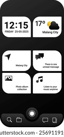 A clean and modern user interface layout for a mobile phone featuring widgets for time, weather, location, notifications, photo albums, and music playback