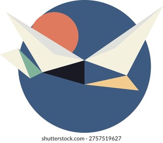 A clean and modern vector artwork depicting sharp, colorful geometric shapes arranged to resemble a flying creature set against a dark blue circular backdrop with a soft orange accent sun element.