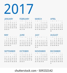 Clean modern vector blue light calendar for year 2017