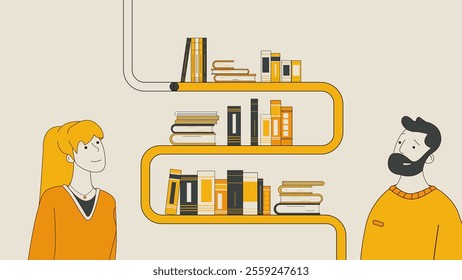 A clean and modern vector design featuring a unique bookshelf concept with vibrant books and two characters admiring the creative arrangement. Ideal for education, libraries.