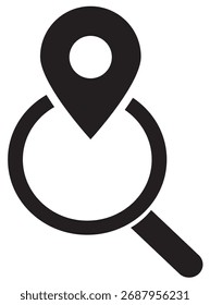 A clean and modern vector icon combining a magnifying glass and map pin — ideal for search location, map navigation, GPS, point of interest, finder interfaces and UI designs.