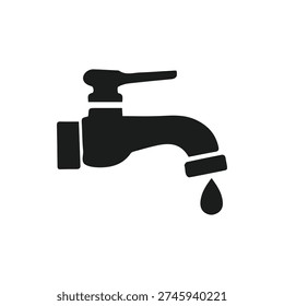 Clean and modern vector icon of a dripping water faucet. Represents plumbing, water conservation, leaks, and saving water. Isolated design element.
