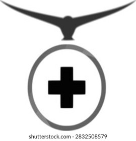 A clean and modern vector icon featuring a bold black medical cross enclosed within a circular frame, surmounted by a stylized silhouette of a soaring bird with outstretched wings. Designed in a minimalist monochrome style, this graphic symbol represents healthcare, emergency rescue, peace, freedom, protection, and medical aid. Perfect for logos, branding, health apps, clinic signs, and medical organizations.