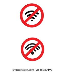 Um ícone de vetor limpo e moderno que representa uma proibição de Wi-Fi ou nenhuma restrição de zonas Wi-Fi. O design apresenta um símbolo de sinal Wi-Fi clássico com um sinal negrito, diagonal "não" ou proibição atravessando.