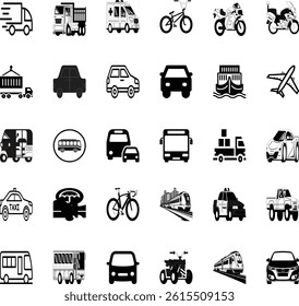 A clean and modern vector icon set representing different types of transportation. Includes icons of cars buses motorcycles trains scooters and delivery vehicles. Perfect for infographics