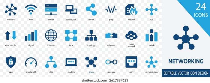 A clean and modern vector icon set representing key networking elements like WiFi, servers, routers, data transfer, and cloud networks.