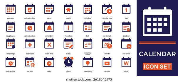 A clean and modern vector icon set representing calendar functions and event scheduling. Includes icons for reminders, deadlines,  special day, daily plans, and recurring events.