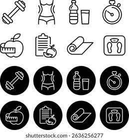 A clean and modern vector icon set representing fitness and healthy lifestyle concepts. Includes icons for dumbbells, body shape, hydration, stopwatch, nutrition, meal plans, yoga mats, and weight sca