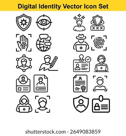 Um conjunto de ícones vetoriais moderno e limpo que ilustra vários aspectos da identidade digital, incluindo segurança, privacidade, autenticação e gerenciamento de dados pessoais, perfeito para conceitos de tecnologia e segurança cibernética